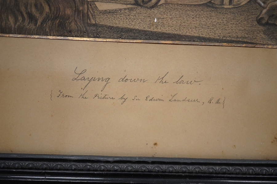 After Sir Edwin Landseer, RA (British, 1802-1873), pencil and heightened white, 'Laying down the law' together with ‘The Fight in the Standard’, after Richard Ansdell (British, 1815-1885), largest 44 x 35cm. Condition -